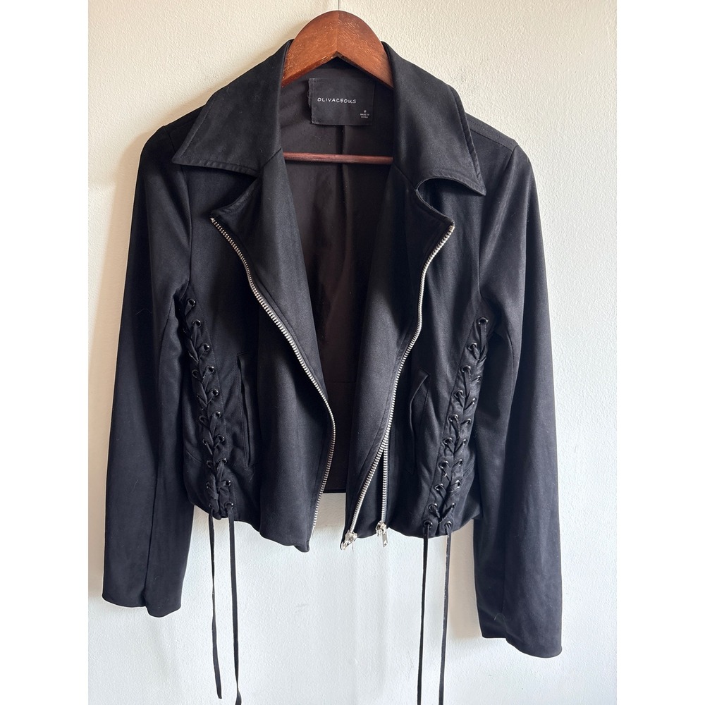 Olivaceous Black Faux Suede Lace Up Moto Jacket Y2K Biker Style